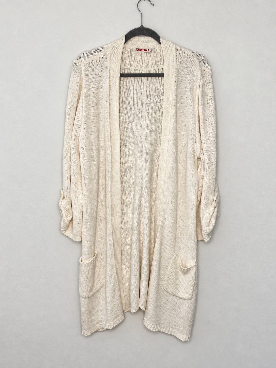 Johnny Was Ivory Open Knit Long Duster Cardigan Pockets Size L