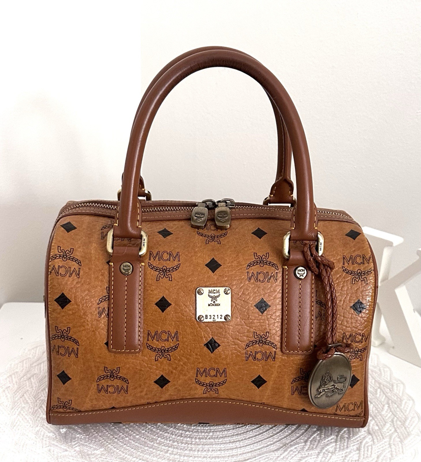 MCM Limited Edition Princess Lion Cognac Visetos Boston Satchel Bag Charm AUTH