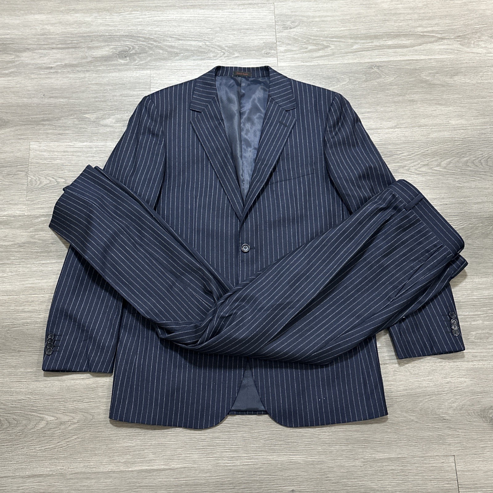 BYRON British Mens Navy Blue Pinstripe Wool 2 Pc Suit 42L Jacket 36x32 Pant