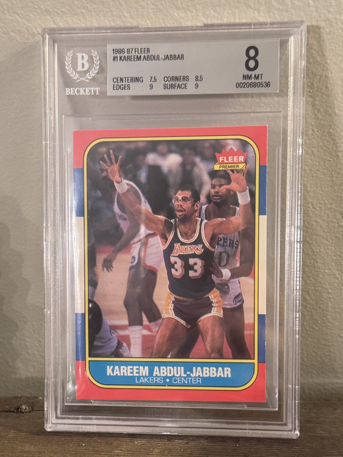 1986 Fleer Premier Basketball Card 1 Kareem Abdul Jabbar Lakers BGS 8 NM-MT SUBS