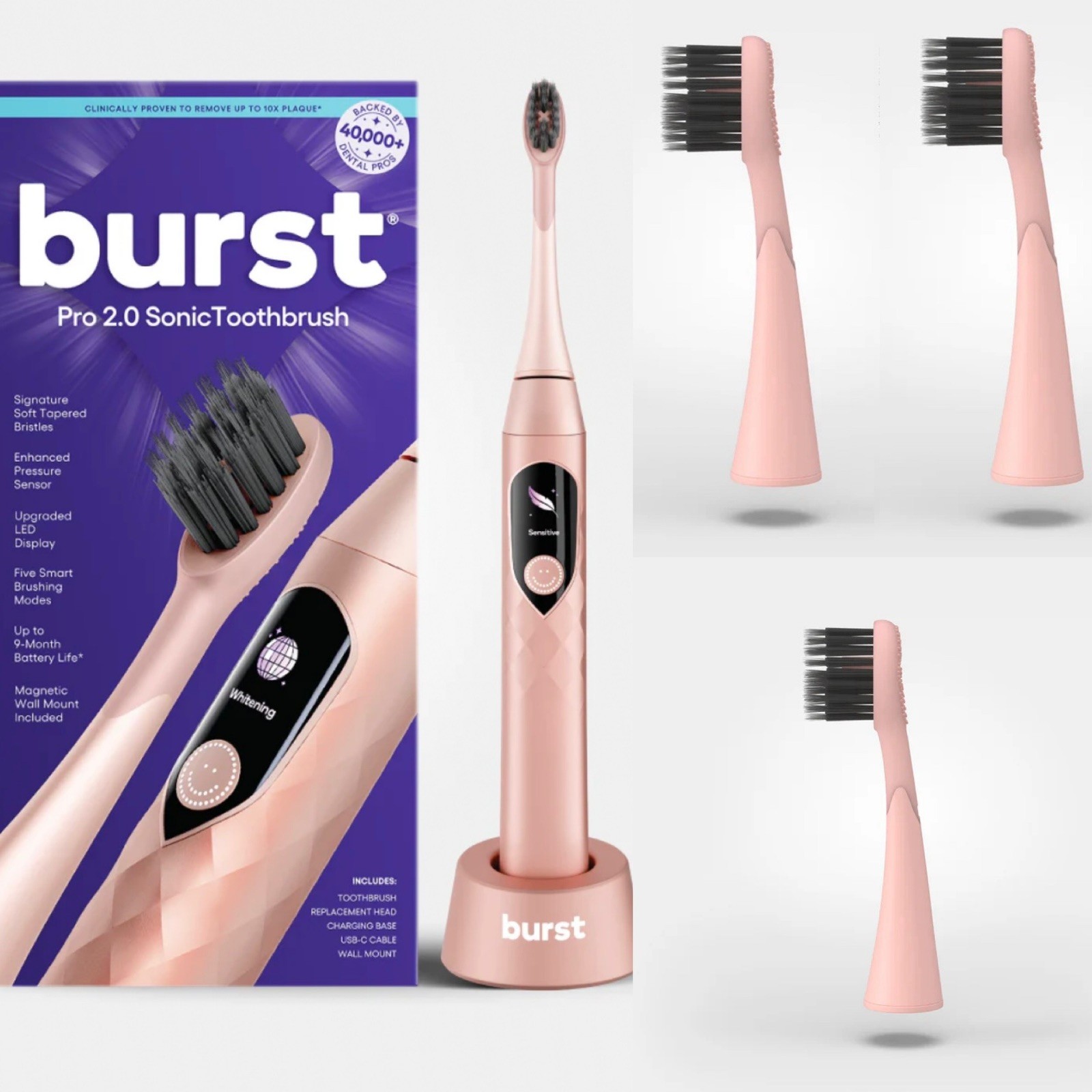 Burst Pro 2.0 Sonic Electric Toothbrush Adult Rose Gold,3 extra replacement head
