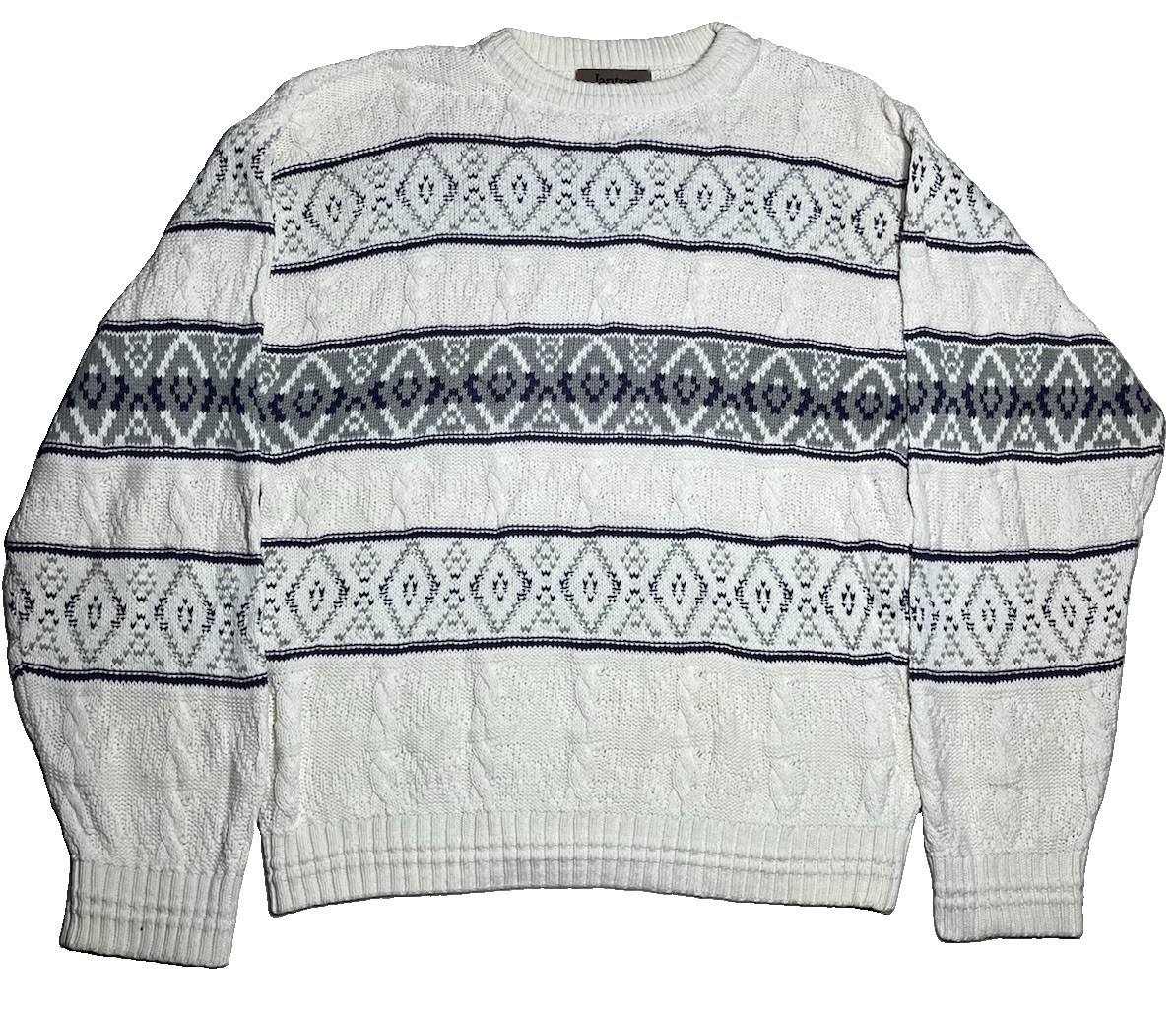Vintage 90s Jantzen Geometric Knit Sweater Mens Large Cream Gray Blue USA Made Vintage 90s Jantzen Geometric Knit Sweater Mens Large Cream Gray Blue USA Made