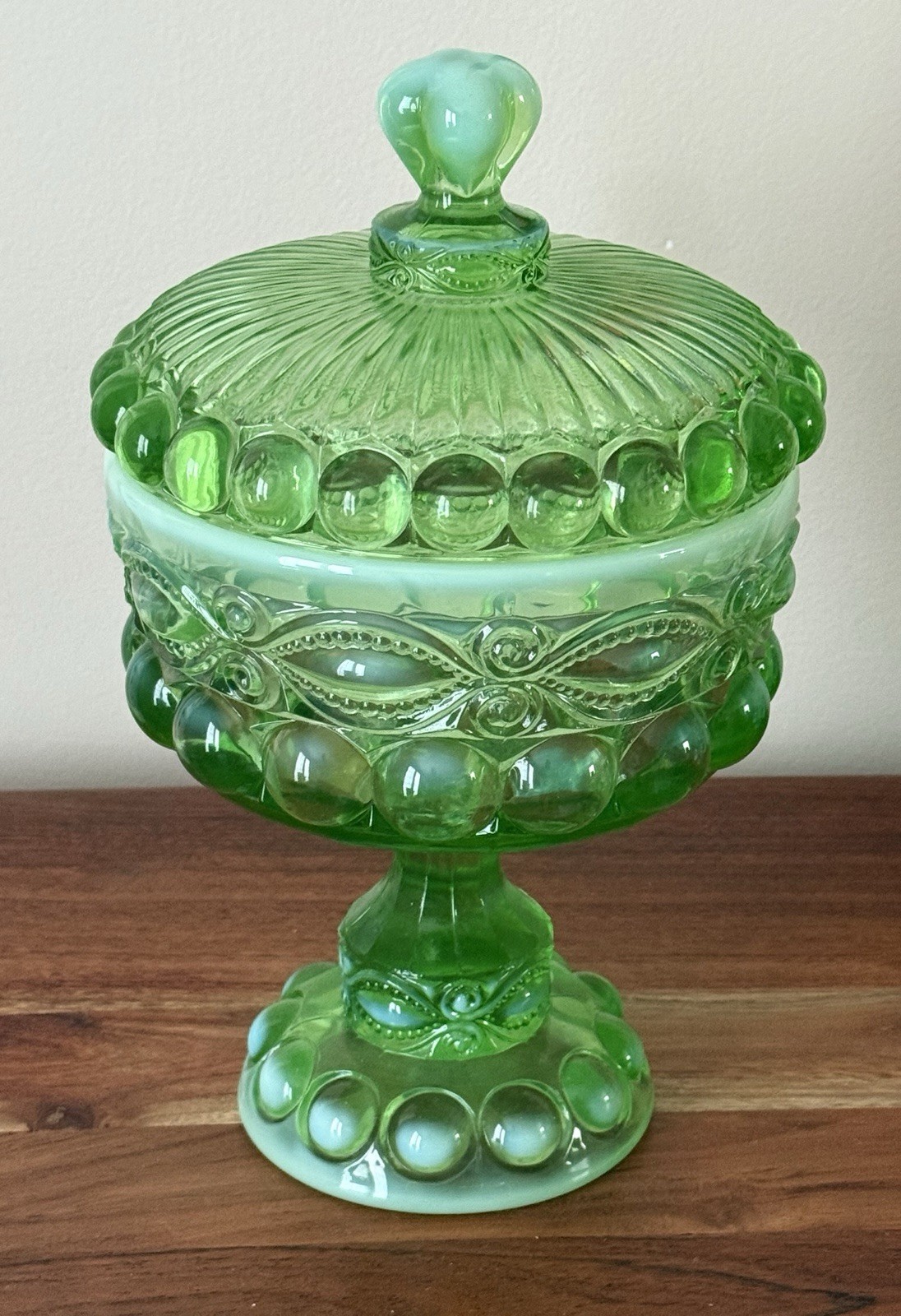 Mosser Glass - EYE WINKER LARGE COVERED COMPOTE - GREEN OPAL - 10.5 Mosser Glass - EYE WINKER LARGE COVERED COMPOTE - GREEN OPAL - 10.5