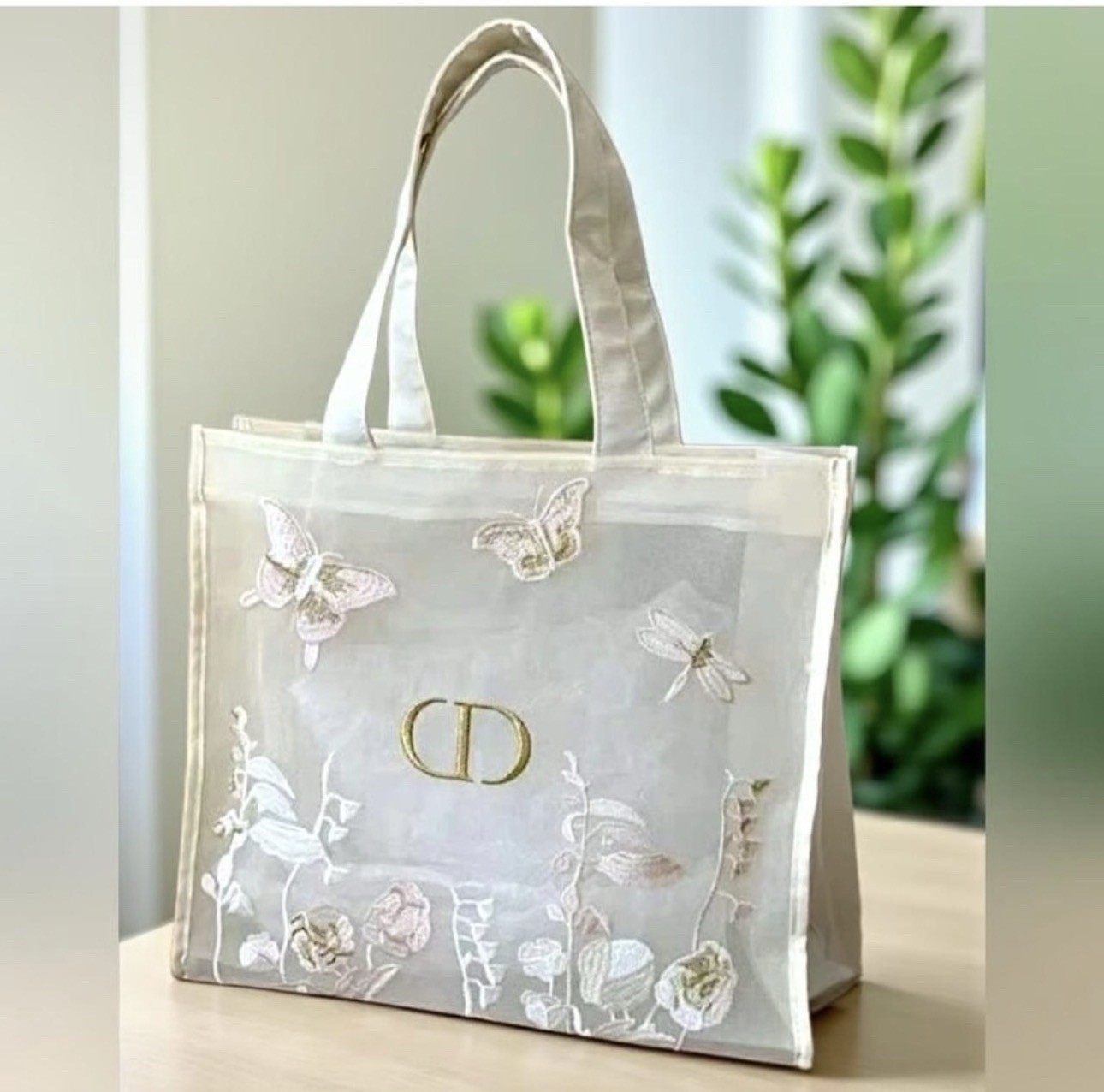 Dior Beige Mesh Tote Bag with Butterfly, Dragonfly Floral Embroidered Large GWP