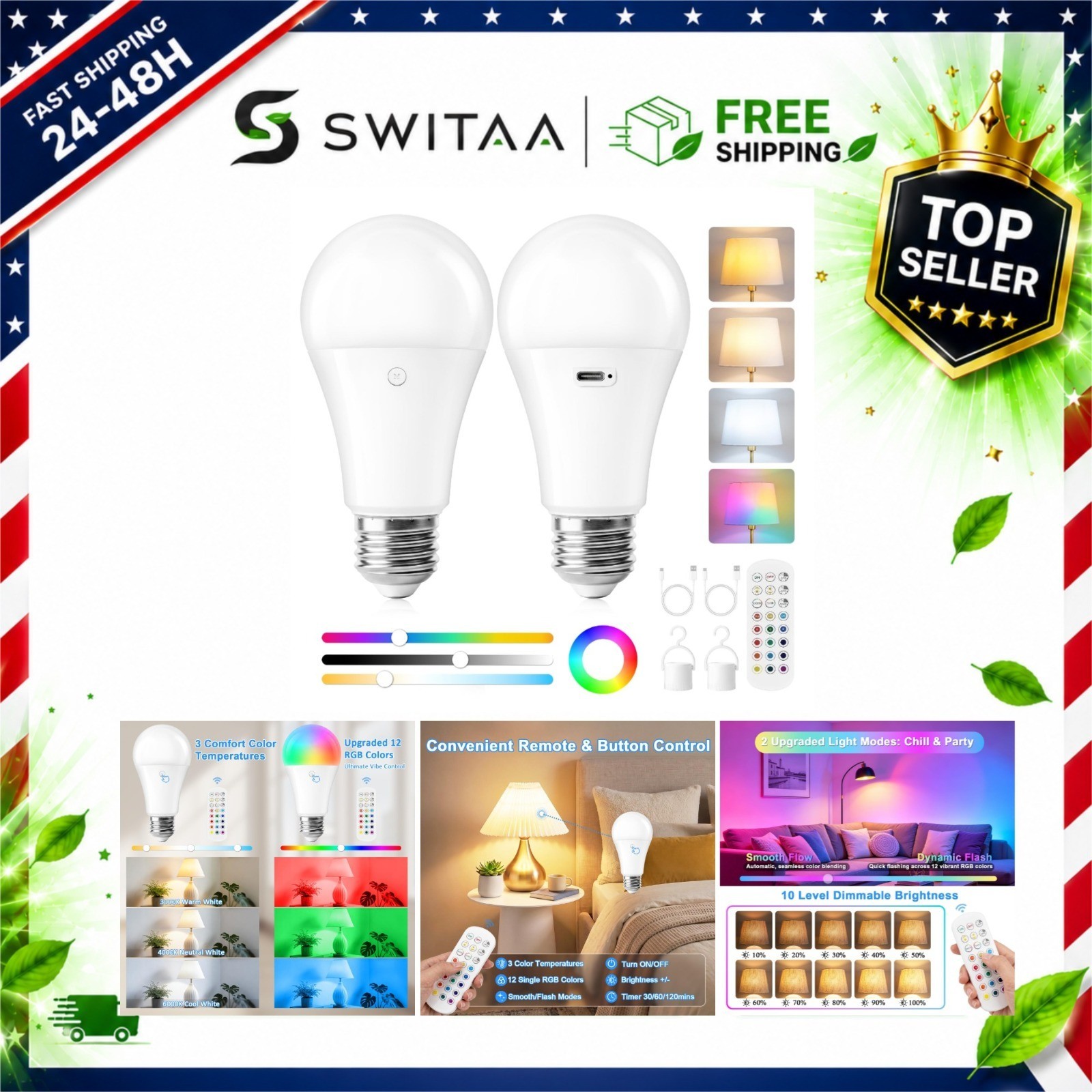 Yochoice A19 Rechargeable Light Bulb with Remote, Battery LED Bulb 2-Pack