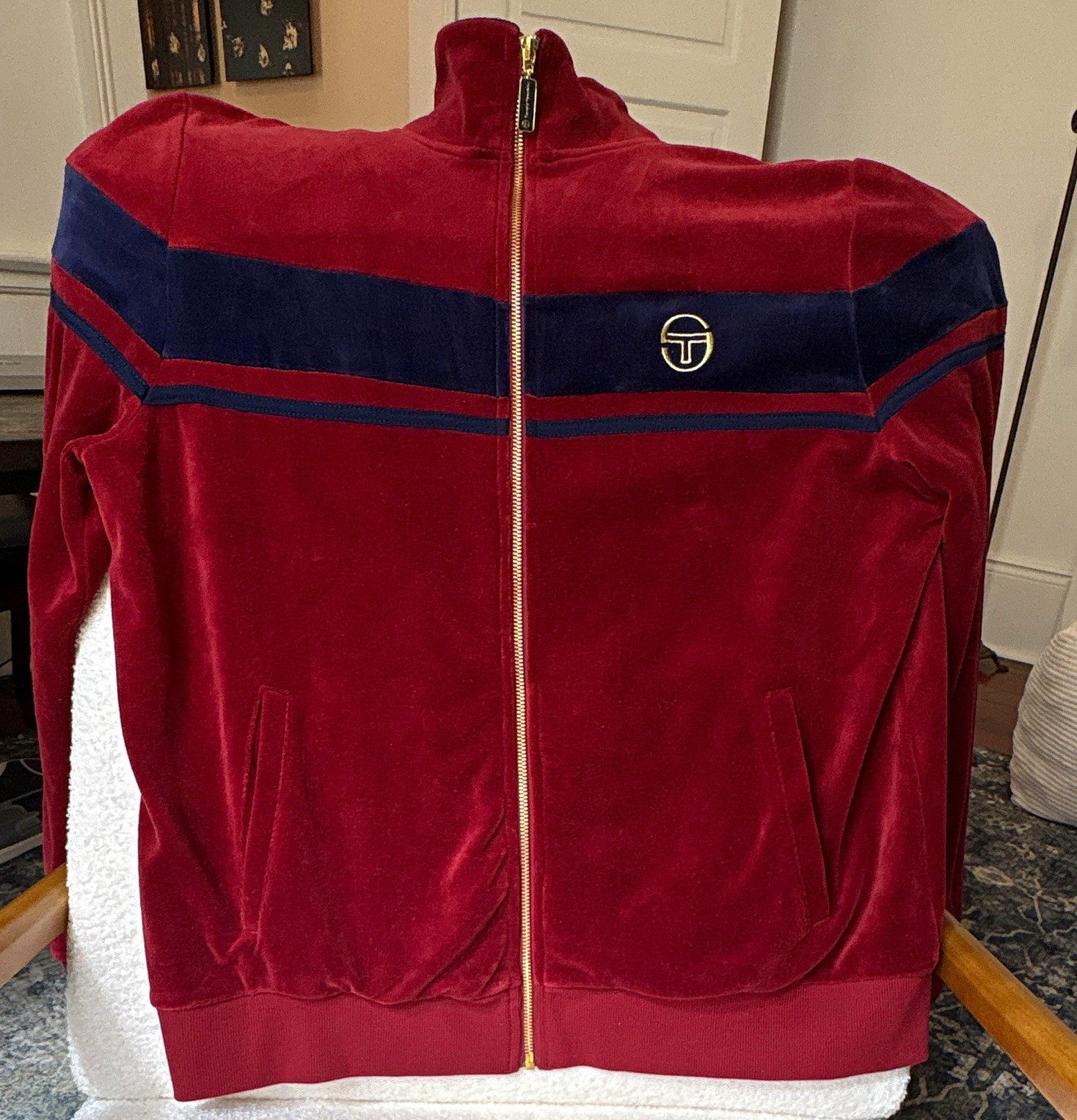 Sergio Tacchini Velour Terrace Track Jacket Full Zip Up Striped CENTER-Large Sergio Tacchini Velour Terrace Track Jacket Full Zip Up Striped CENTER-Large