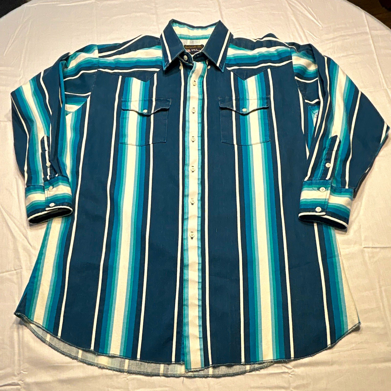 Vintage Panhandle Slim 1980s-90s Western Shirt mens L teal striped USA