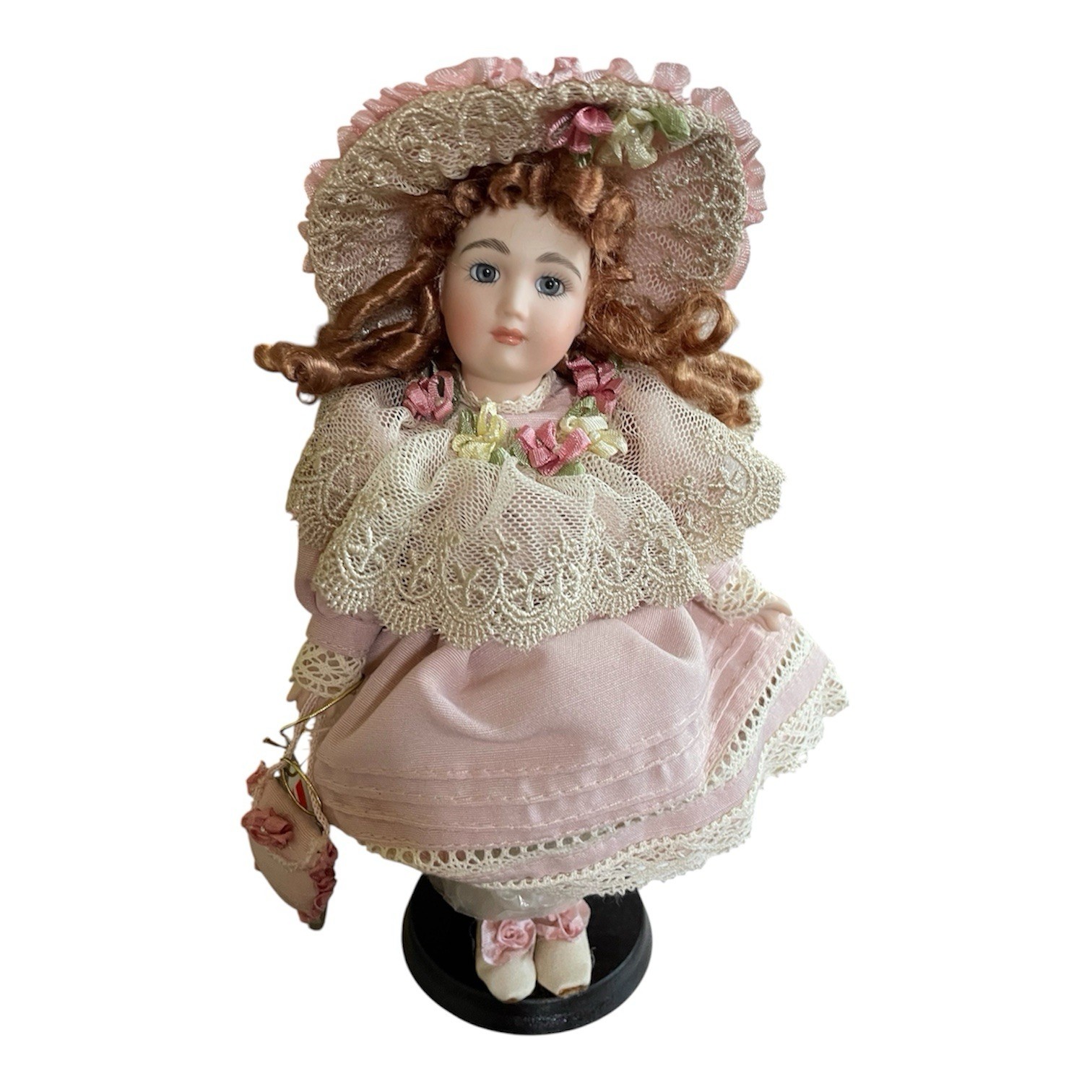 Delton Products 8” Doll Girl Victorian Style Dusty Rose Dress Purse Stand & Box
