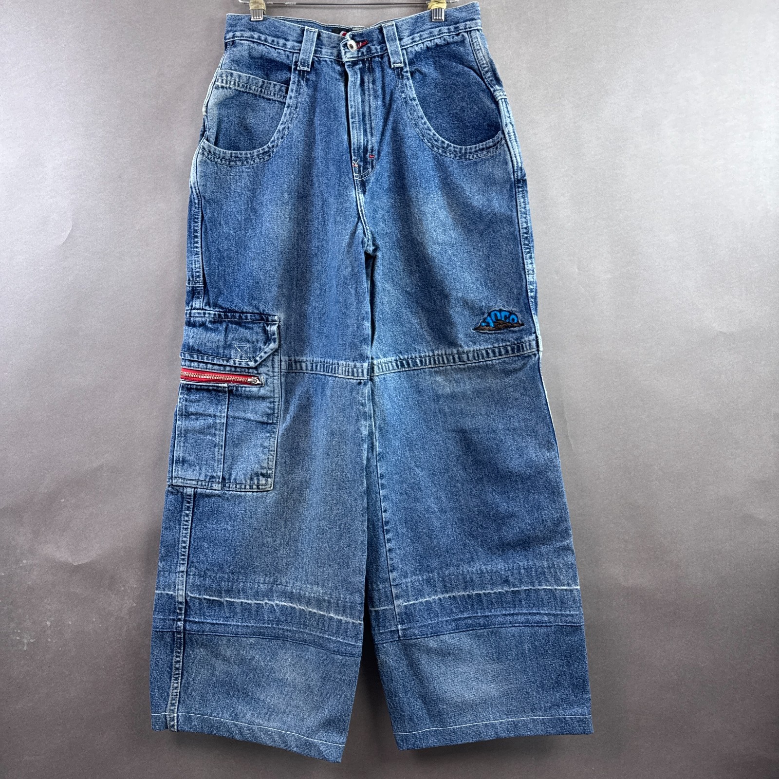 JNCO Jeans Fat Boys Cargo 28x29 Blue Up Cycled Altered Pant Skate Street (Size18