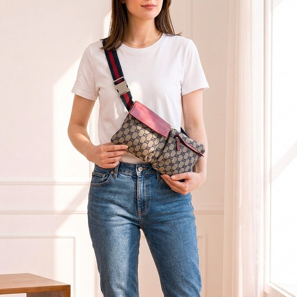 GUCCI GG Canvas Sherry Line Waist Bag Bum Bag Fanny Pack Gray Red 28566 Vintage