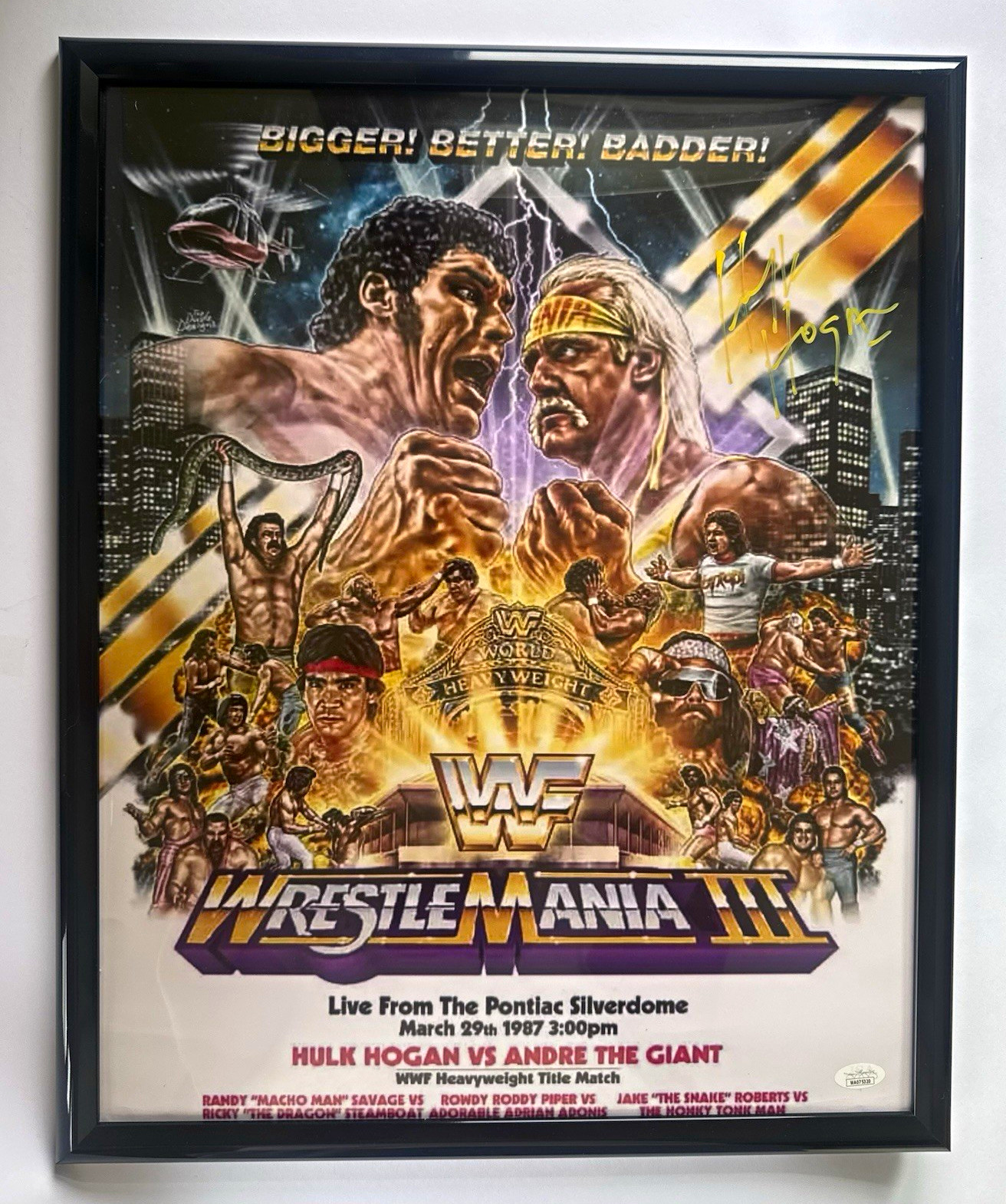 WWF WrestleMania III Signed Framed Poster JSA COA Hulk Hogan Andre Giant WWF WrestleMania III Signed Framed Poster JSA COA Hulk Hogan Andre Giant