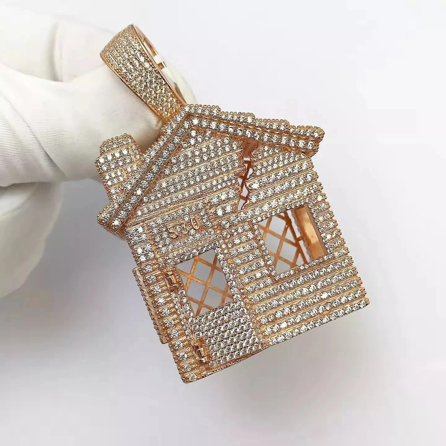 2Ct Real Moissanite Men\'s Custom Trap House Pendant 14K Yellow Gold Plated