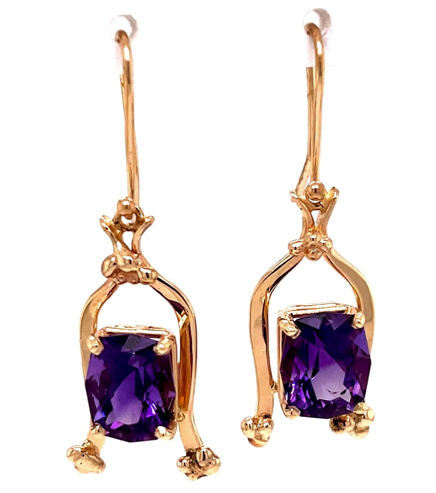 Custom Designed Vicki Thaler Amethyst Dangle Earrings 14k Yellow Gold Signed
