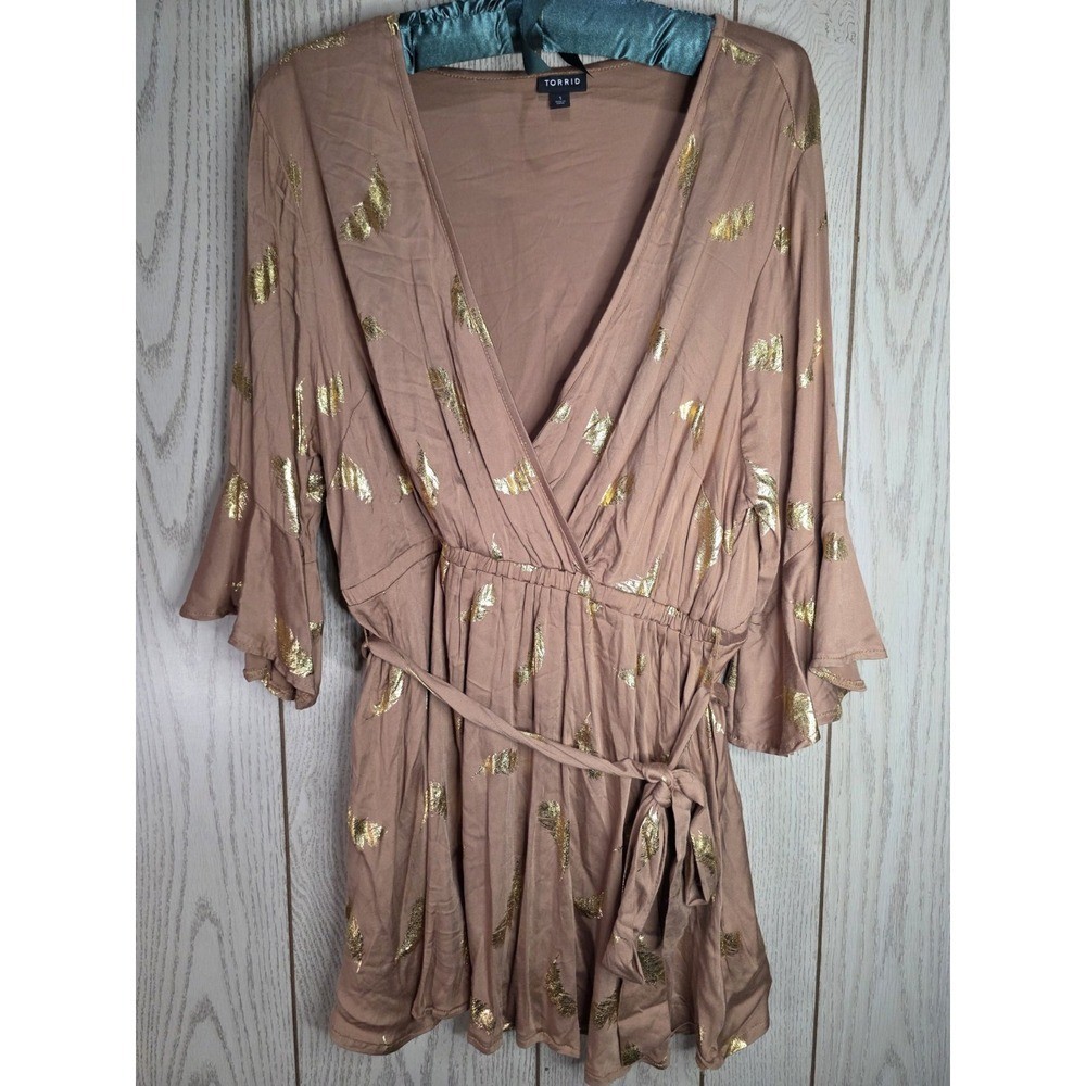 Torrid Size 1 Bronze & Gold Metallic Feather Boho Faux Wrap Tie Waist Blouse Top