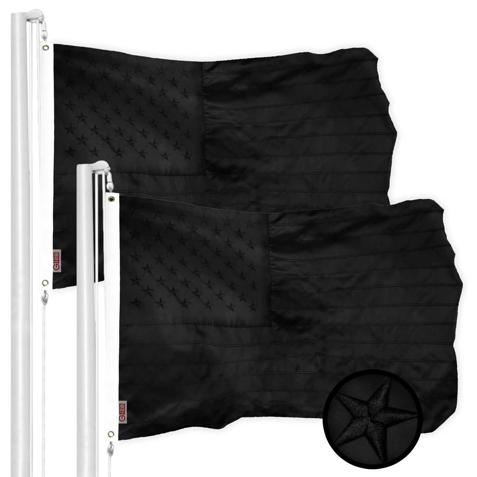 G128 2 Pack: American USA All Black Flag 2x3 Ft Embroidered 210D Polyester