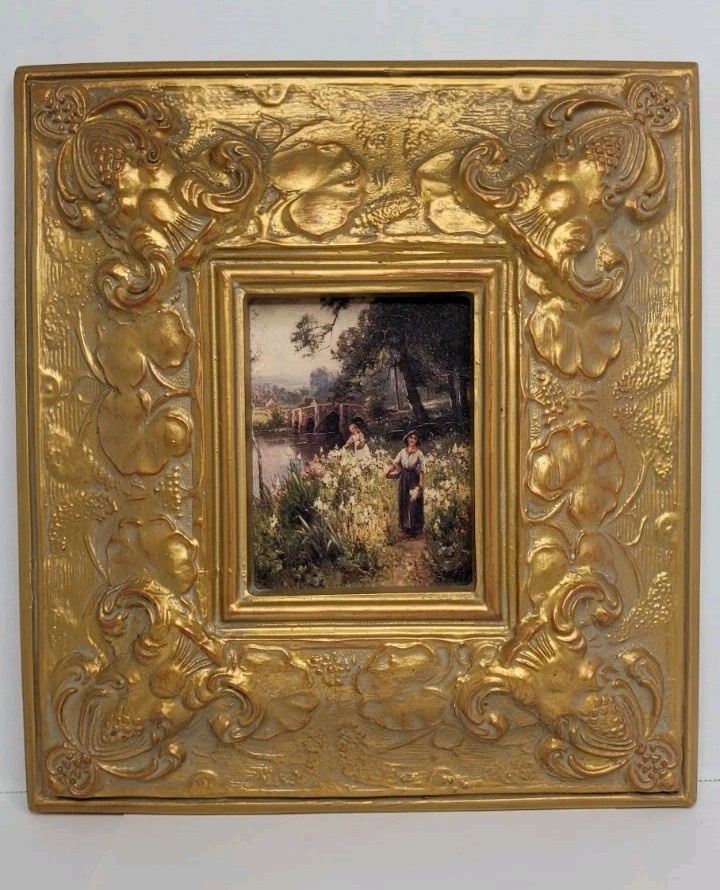 Vintage Print Picking Flowers By The River Ornate Gold Frame Artwork E. Walbourn Vintage Print Picking Flowers By The River Ornate Gold Frame Artwork E. Walbourn
