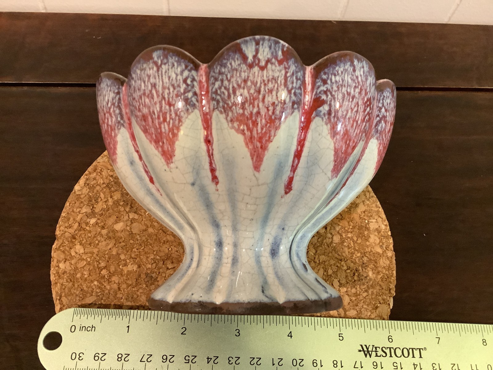 Vintage Chinese Lotus Ceramic Planter Pedestal Bowl Blue Red Glaze “Meng Cheng\ Vintage Chinese Lotus Ceramic Planter Pedestal Bowl Blue Red Glaze “Meng Cheng\