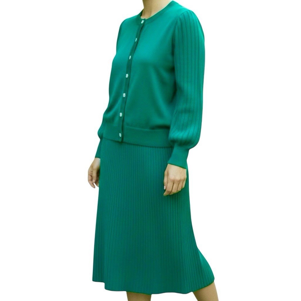 1970s Vintage Knit Ribbed Set Two Piece Cardigan Buttons Up & Skirt Pull On 10P