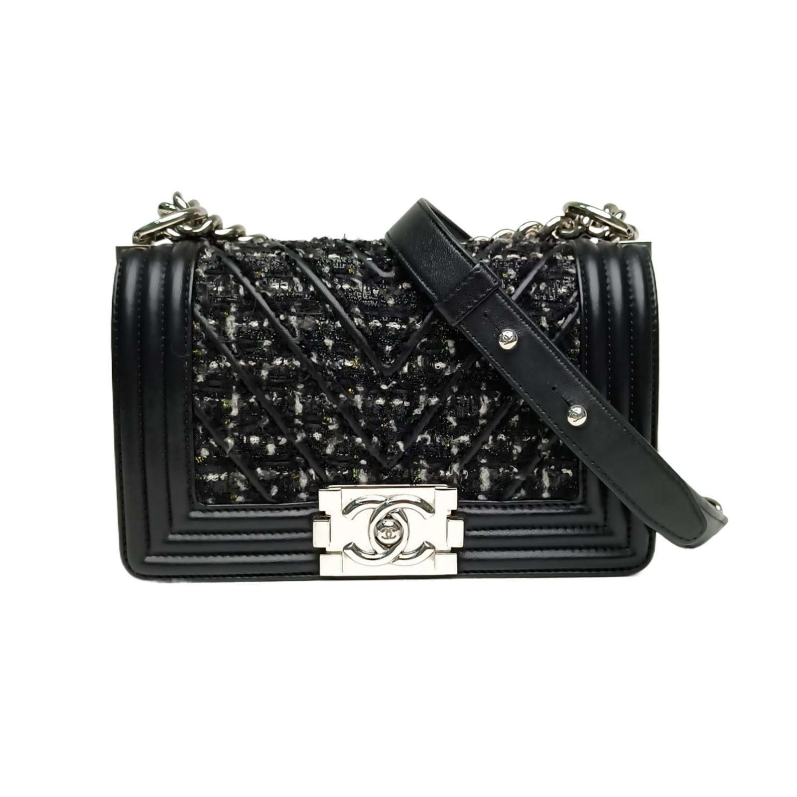 CHANEL Leboy Small 20.5cm Black Woolen Fabric Calfskin Shoulder Bag