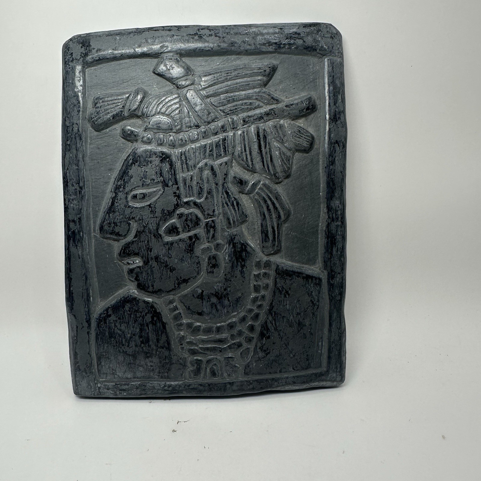 Vintage Hand Carved Slate Plaque Mayan Relief Scene Saying on Back 6 Vintage Hand Carved Slate Plaque Mayan Relief Scene Saying on Back 6