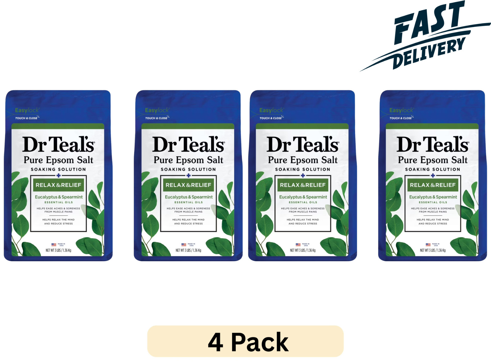 Dr Teal\'s Pure Epsom Salt Soaking Solution, Relax & Relief with Eucalyptus 4Pack