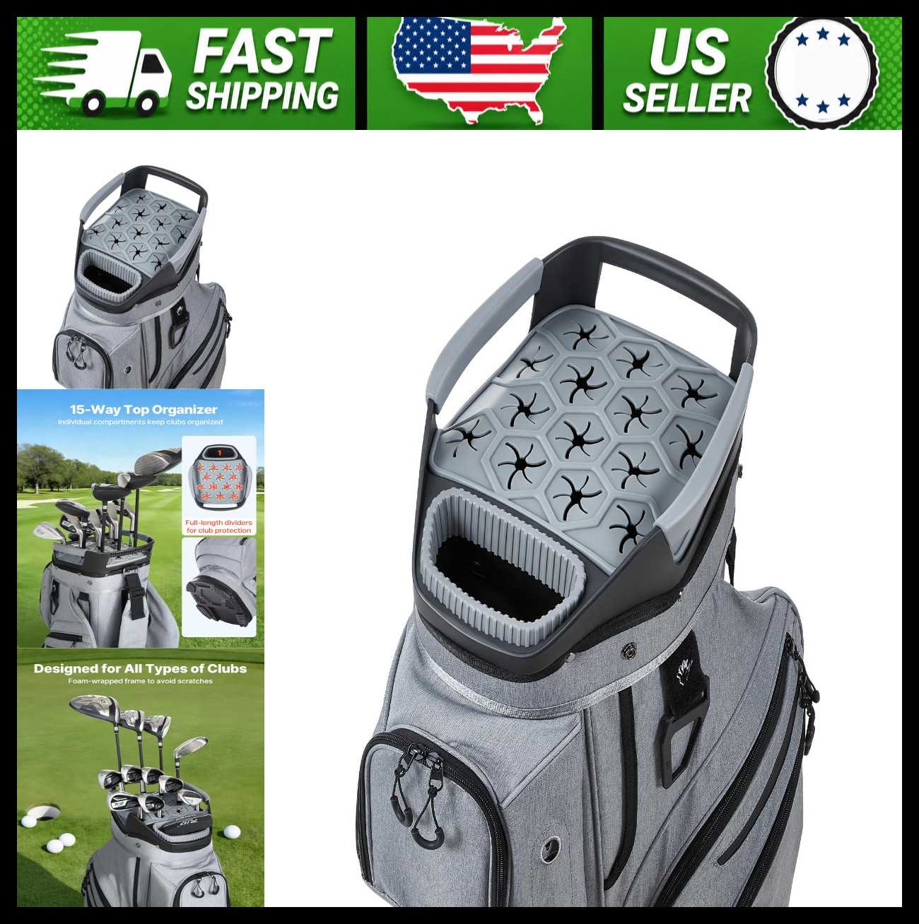 VEVOR Golf Cart Bag, 15-Way Full-Length Dividers, Rain Hood, Storage Pockets
