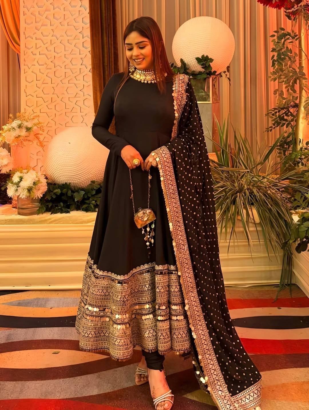 Beautiful Party Wear Black Roman Silk Anarkali Gown With Dupatta For Women