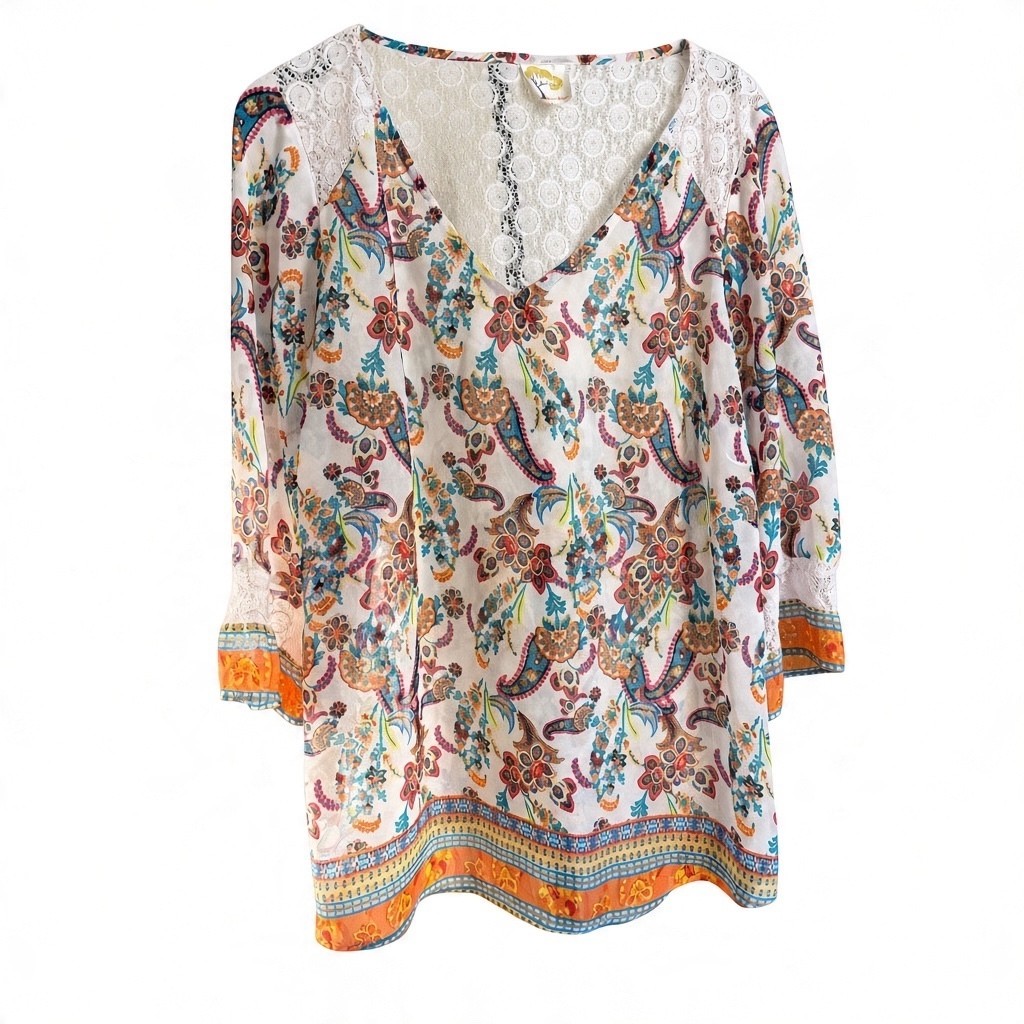 Fig and Flower 2X Boho Paisley Floral Lace Back Tunic Top Fig and Flower 2X Boho Paisley Floral Lace Back Tunic Top