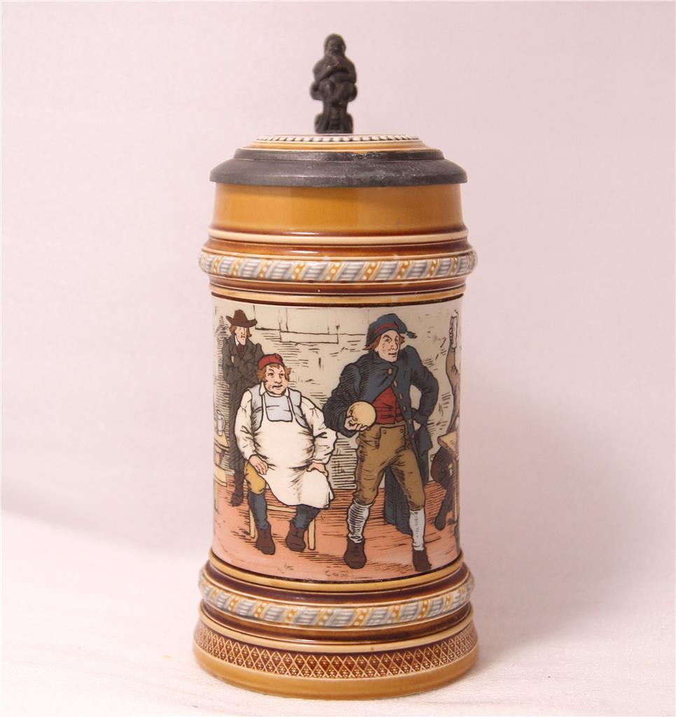 Antique Mettlach V&B Beer Stein Etched #1403 Bowling Scene by C.Worth c.1899