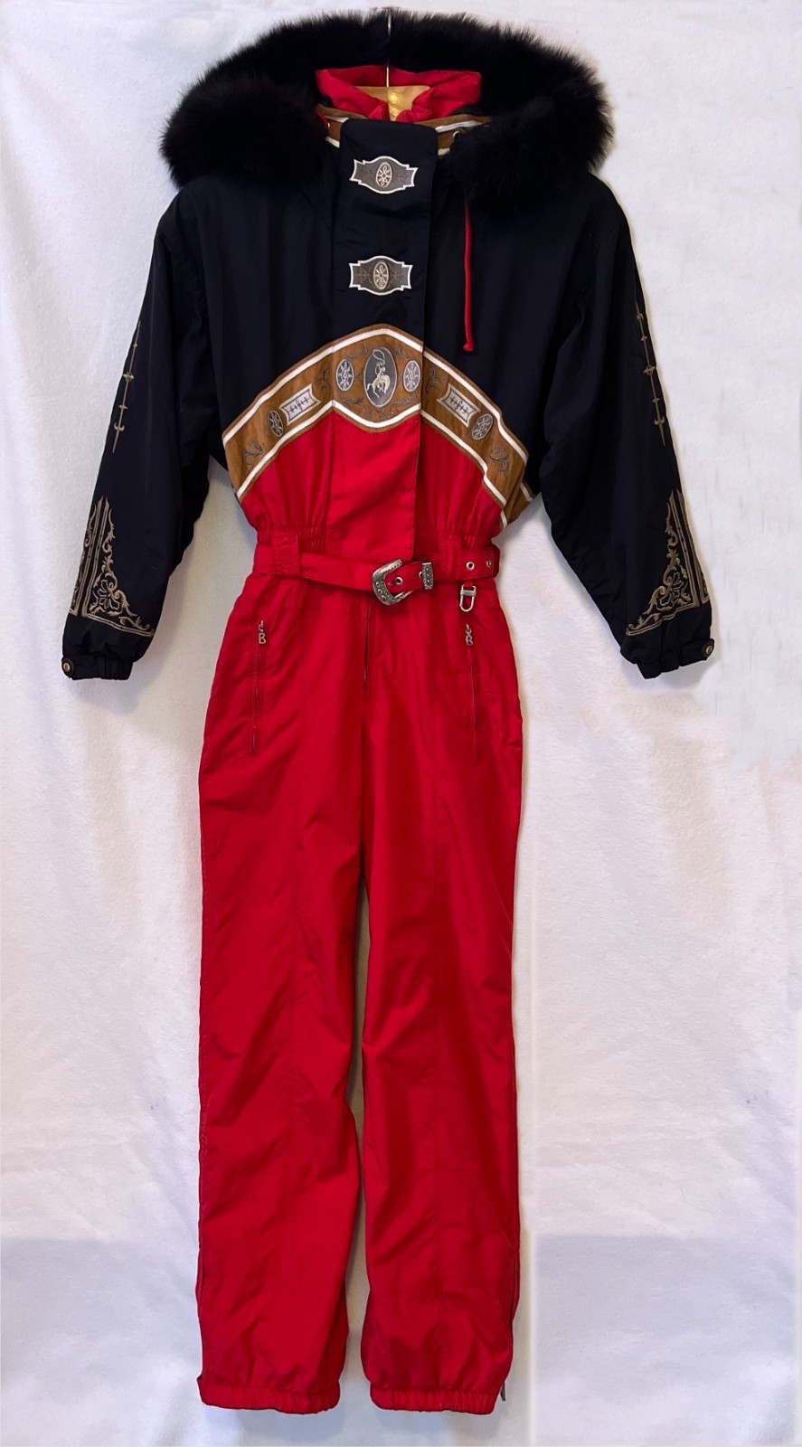 RARE BOGNER Women\'s One Piece Ski Suit SZ 8 Cowboy Embroidery Leather Red Black