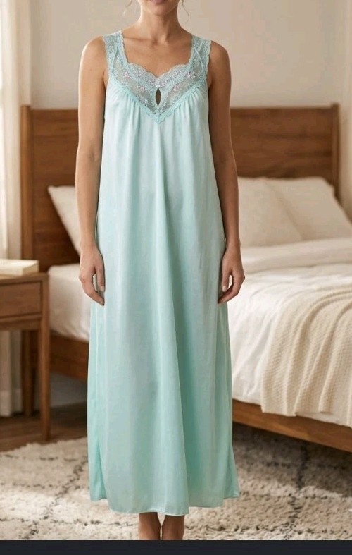 Vintage 60s Vanity Fair Nightgown Sleeveless Silky Satin Aqua Green Size XL Lace