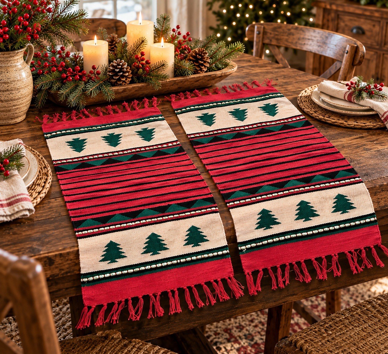 Vtg Mexican Zapotec Style Wool Table Runner Set 2 Christmas Pine Tree Southwest