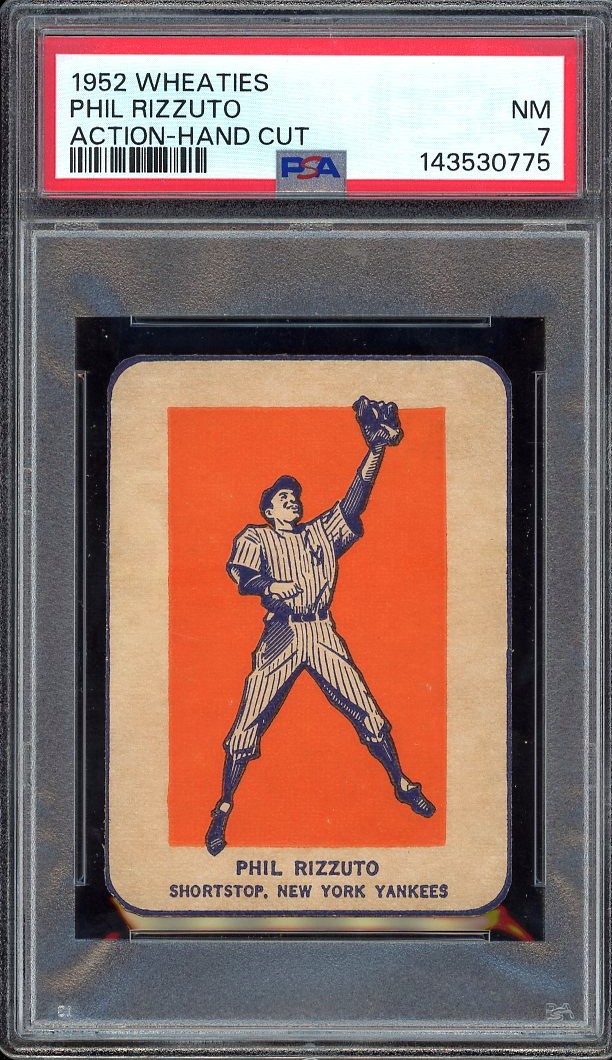 1952 Wheaties Phil Rizzuto HOF ( ACTION-HAND-CUT ).  PSA 7 NM.  (TX0775).