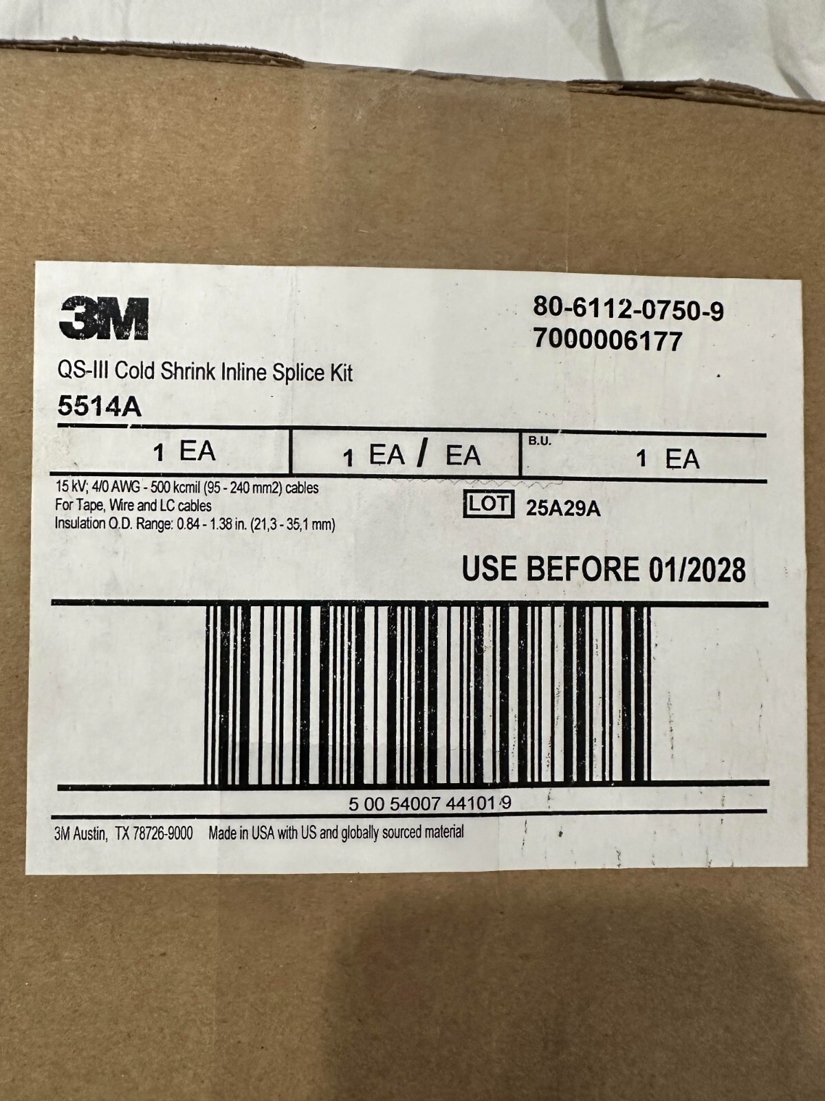 3M QS-III COLD SHRINK INLINE SPLICE KIT 80-6112-0750-9 P/N: 5514A 15KV Qty1 3M QS-III COLD SHRINK INLINE SPLICE KIT 80-6112-0750-9 P/N: 5514A 15KV Qty1