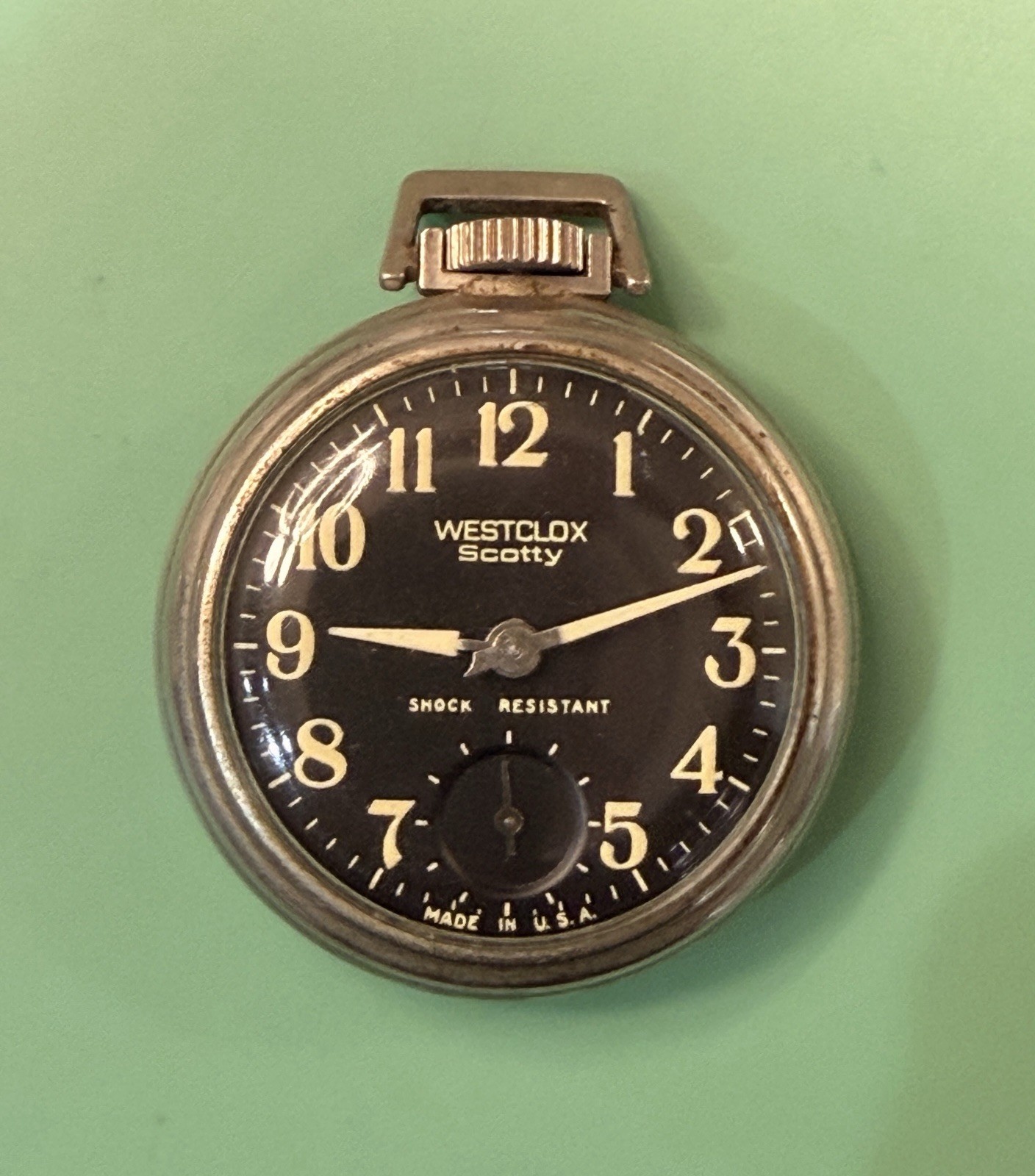 Vintage Westclox Scotty Pocket Watch Black Dial Shock Resistant Runs Slow USA