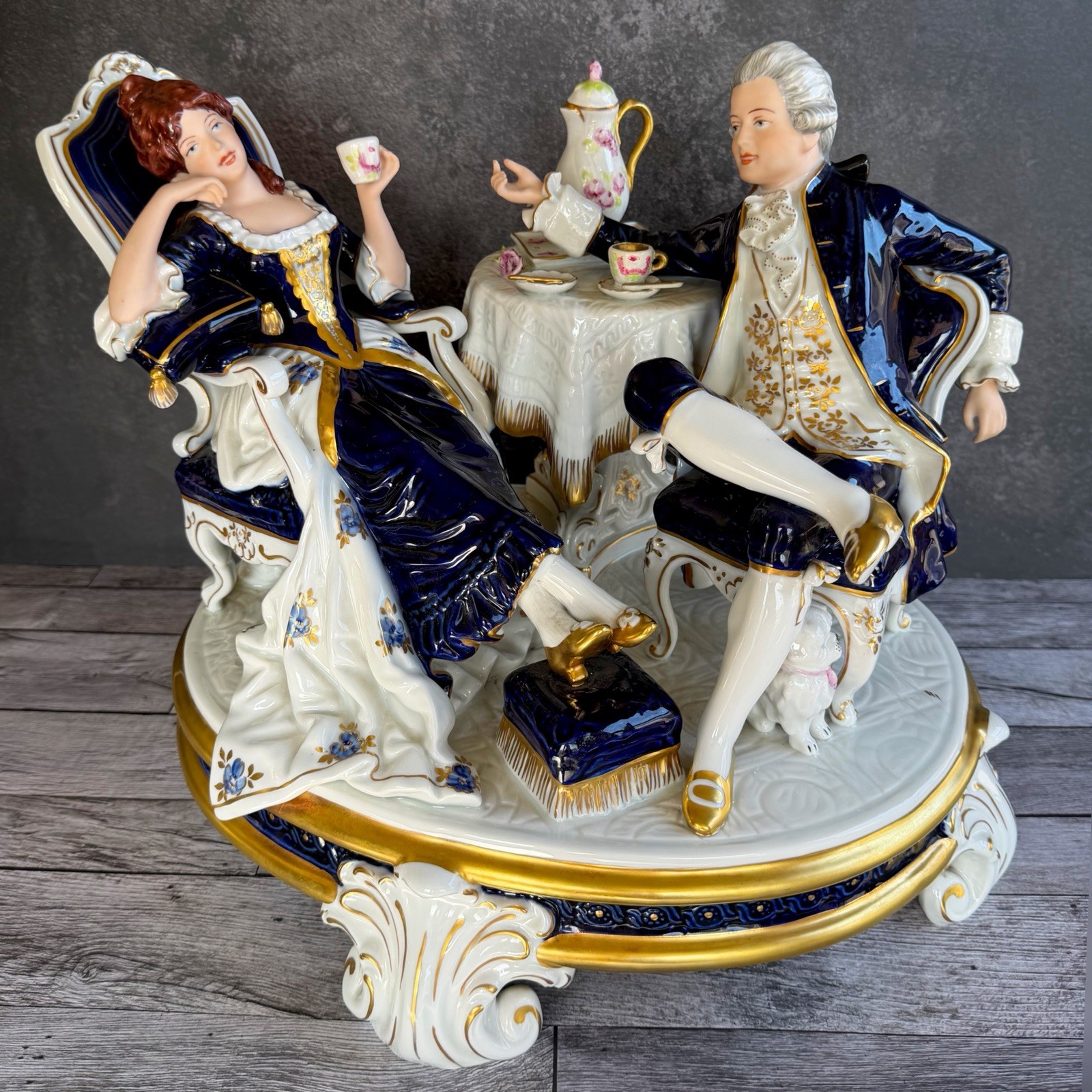 Royal Dux Bohemia 1959 Afternoon Tea Large Porcelain Centerpiece Cobalt Gold