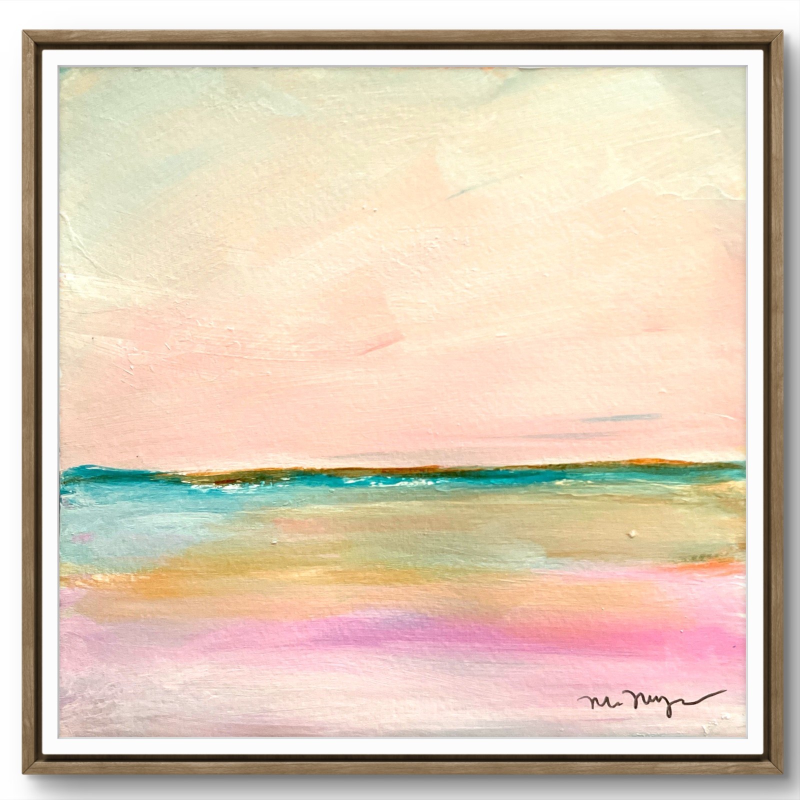 Mary Myers Original Abstract Expressionism 8x8 Peach Horizon Sea Paper Signed