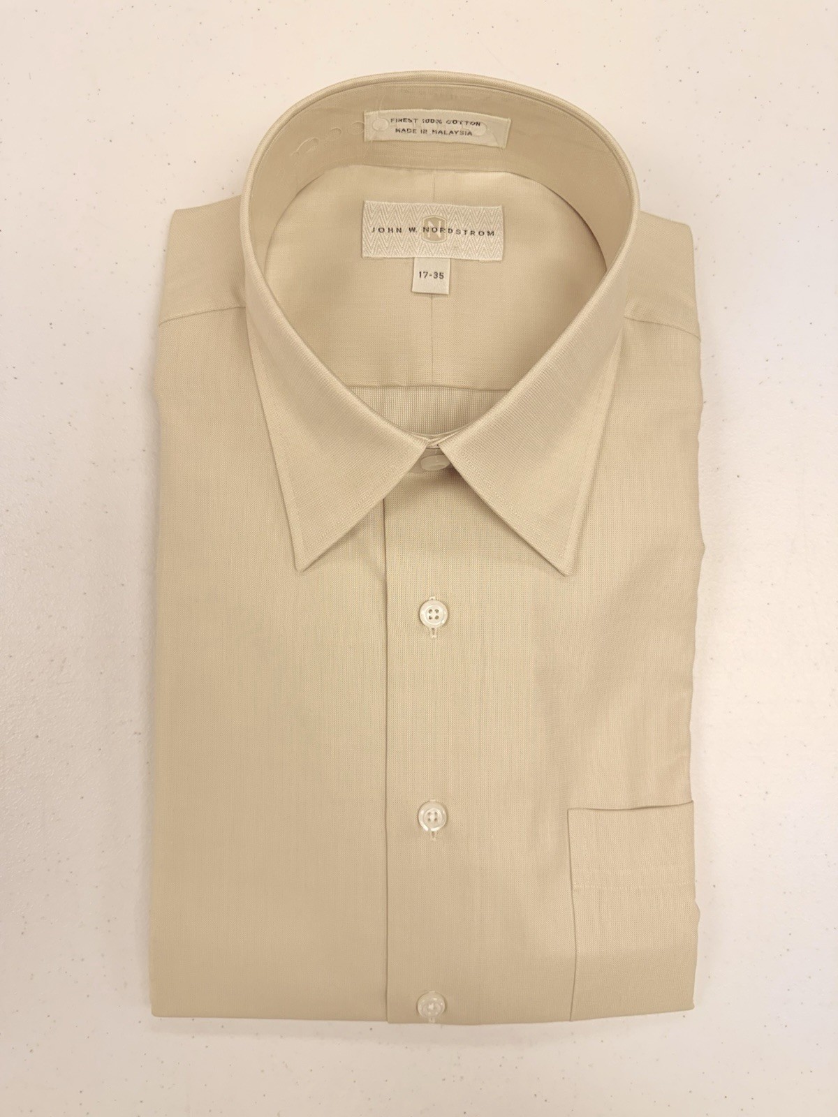 New John W. Nordstrom Men\'s Light Beige 100% Cotton Dress Shirt 17 35 NWT