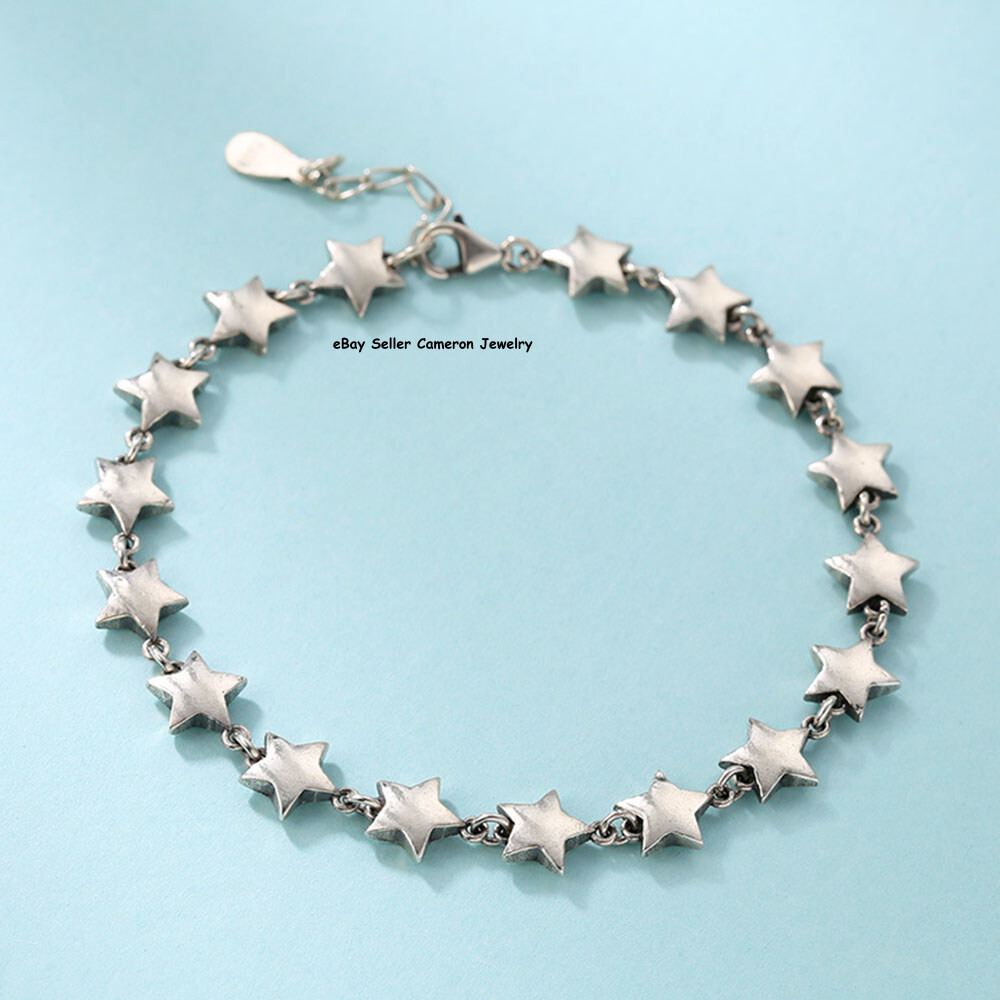 Pure S925 Sterling Silver Chain 7mm Five Star Link Bracelet 6.7-7.5inch