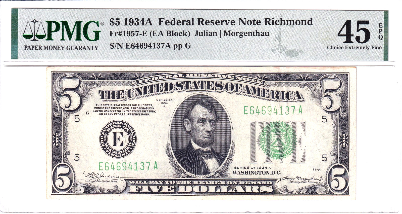 1934-A $5 Federal Reserve Note Richmond PMG XF45EPQ Low Pop 1/5 #E64694137A