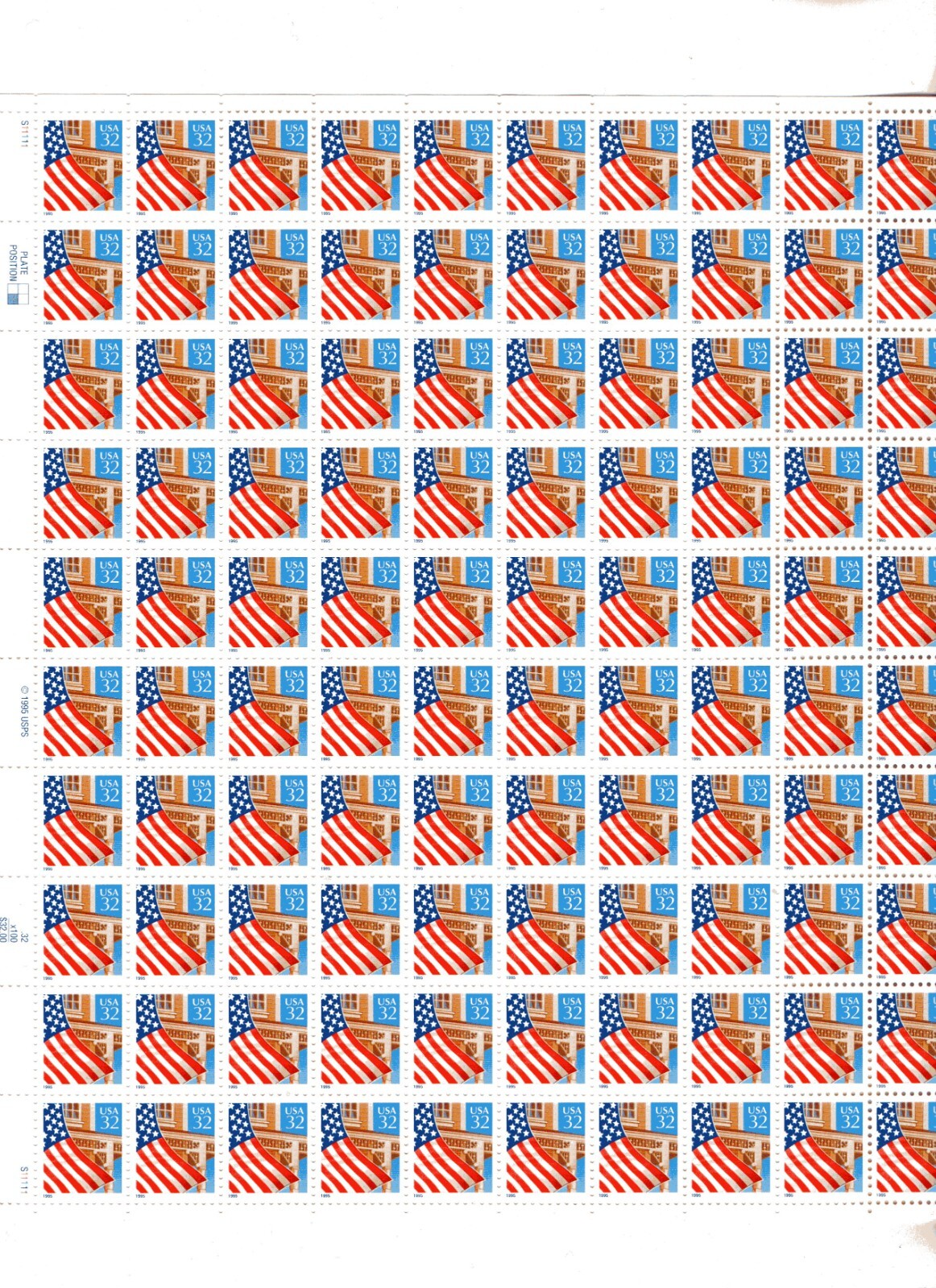 U.S. DEFINITIVE SHEET OF 100 SCOTT#2897 1995 32ct FLAG OVER PORCH MNH P#S11111