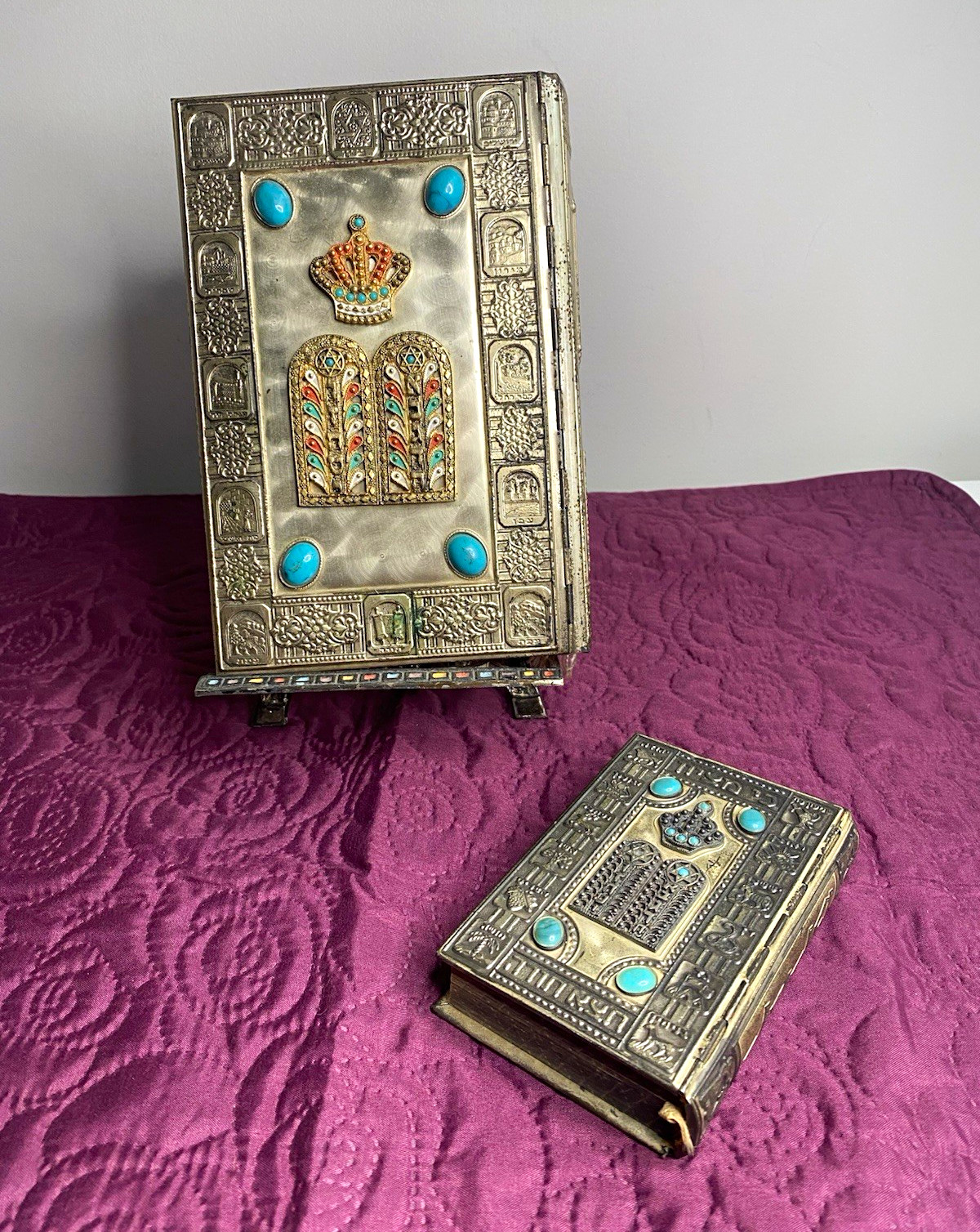 Vintage Israeli Siddur, Jerusalem Bible Silver Plated with Stand.  