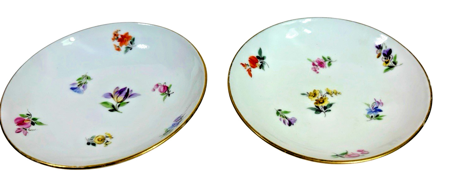 Pair Antique Hand Painted Meissen Dishes Scattered Florals Gold Rim c.1860