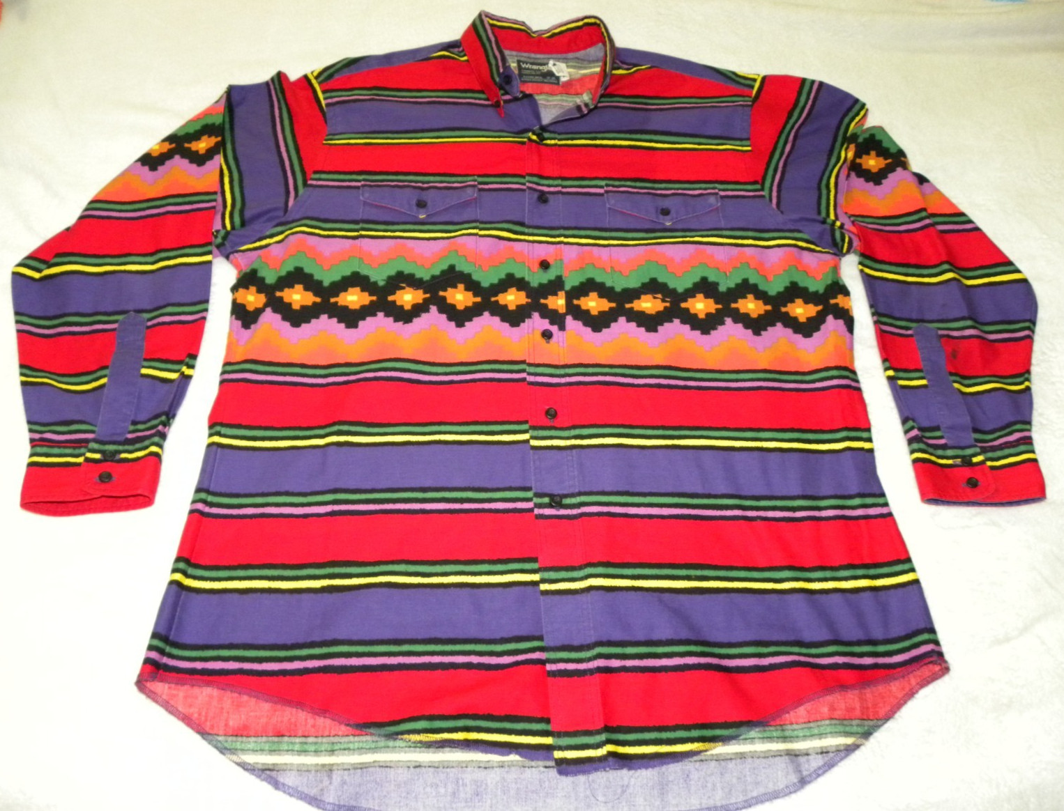 Wrangler Cowboy Cut Western Shirt 17x35 USA Made Southwestern Aztec Stripe VTG