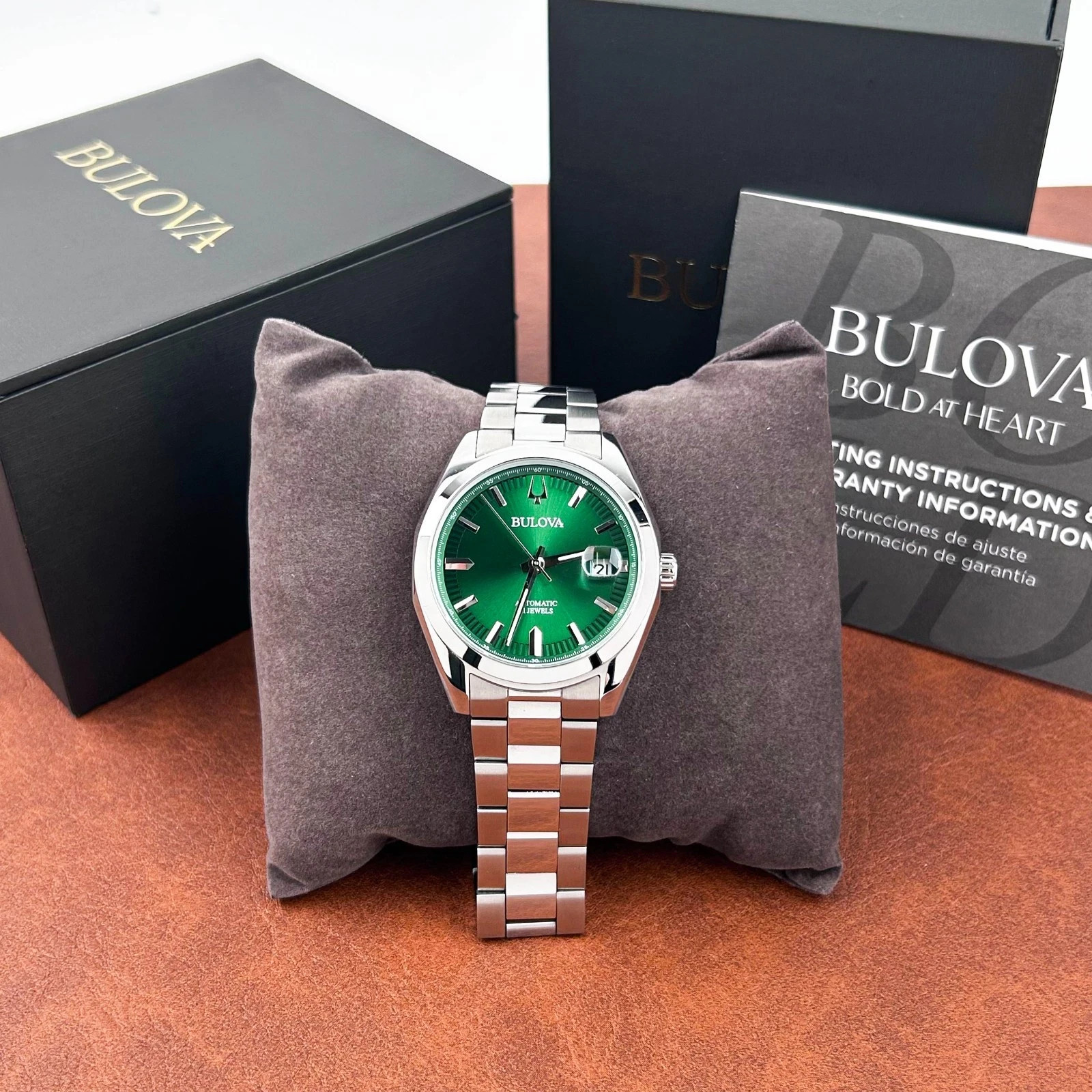 NEW Bulova 96B429 Mens Surveyor Green Dial Automatic Stainless Steel Watch