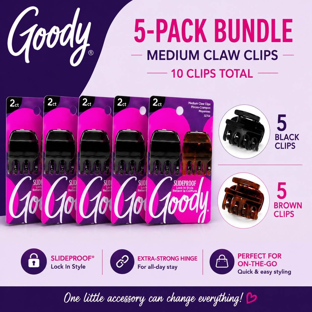 Goody Medium Claw Hair Clips 5-Pack Strong Hold Slideproof Black & Brown Bundle