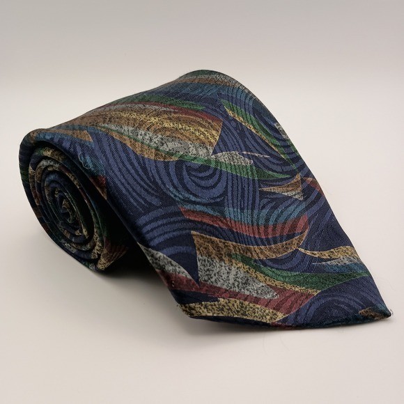 Vintage L\'Uomo Italy Mens Navy Blue Abstract Geometric Jacquard Necktie