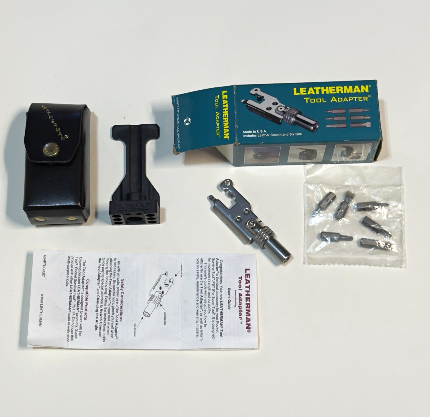 Vintage Leatherman Tool Adapter USA NOS Box Leather Sheath 6 Sealed Bits Holder Vintage Leatherman Tool Adapter USA NOS Box Leather Sheath 6 Sealed Bits Holder