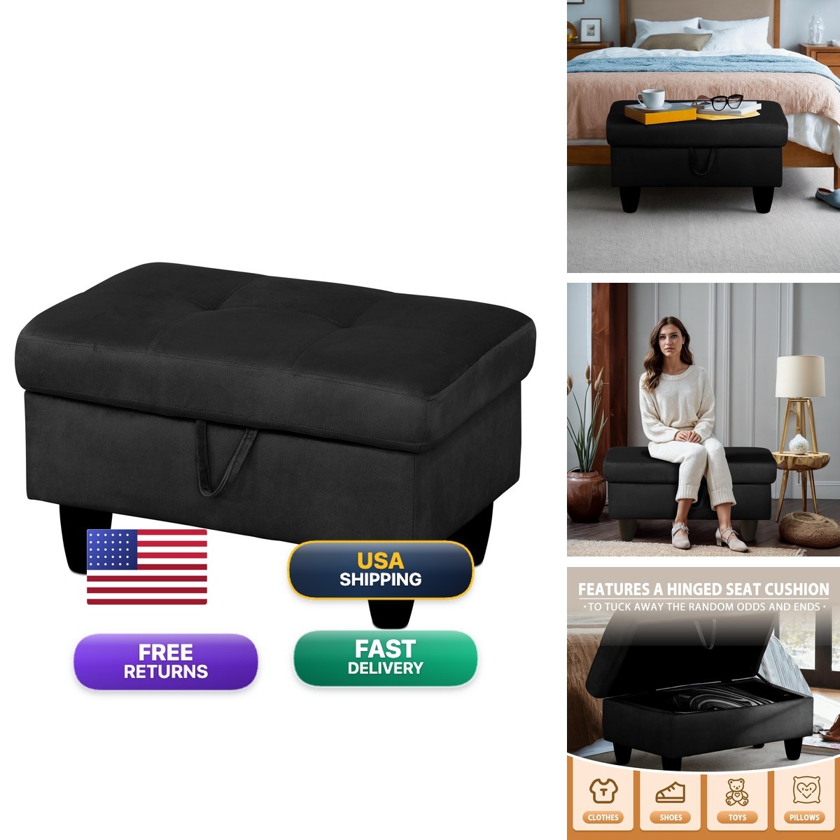 GRETERST Rectangular Storage Ottoman Bench Black 28.5\ GRETERST Rectangular Storage Ottoman Bench Black 28.5\