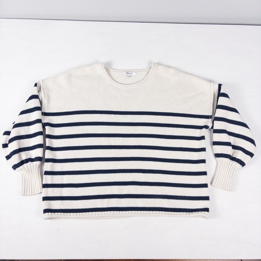 Madewell Conway Sweater Women M Blue Striped Rolled Neck Balloon Sleeve Nautical